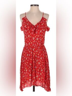 Rebecca Taylor Red Floral Ruffle V-Neck Spaghetti Strap Dress Size 0